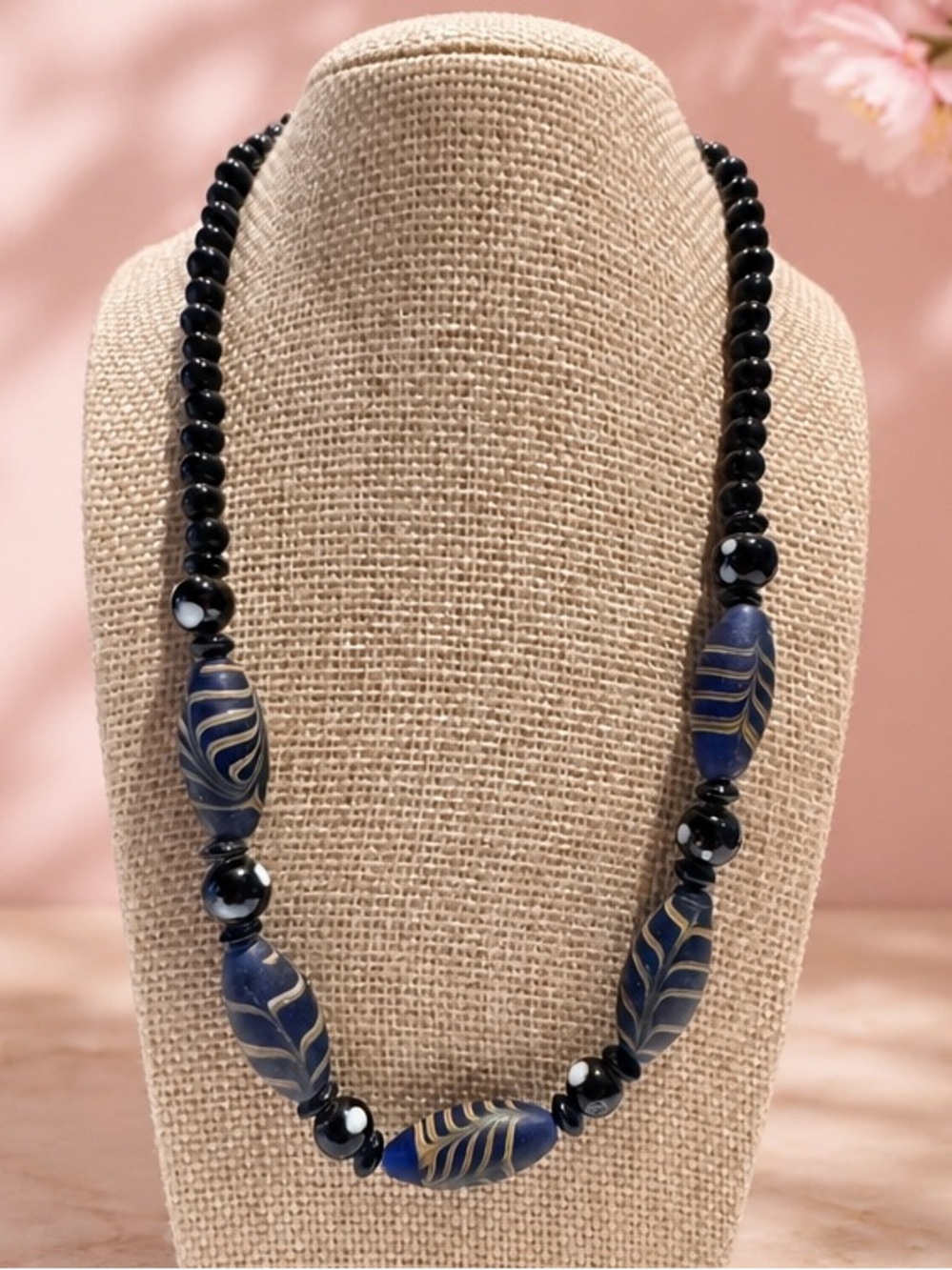 Vintage Artisan Venetian-Style Matte Glass "Feather" Necklace trade beads